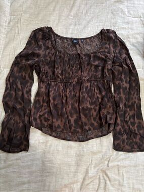 GAP Brown Leopard-Print Long Sleeve Peasant Blouse